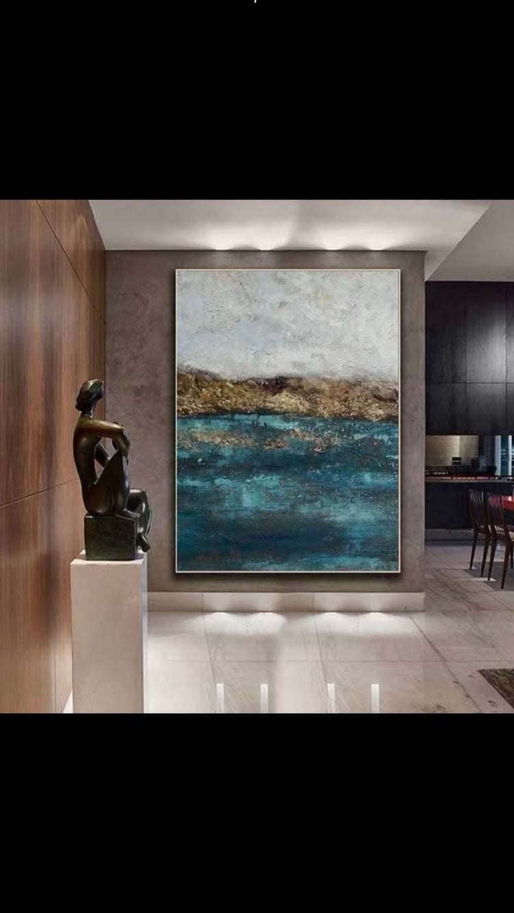 Coastal Dreamscape - Blue & Gold Abstract Landscape